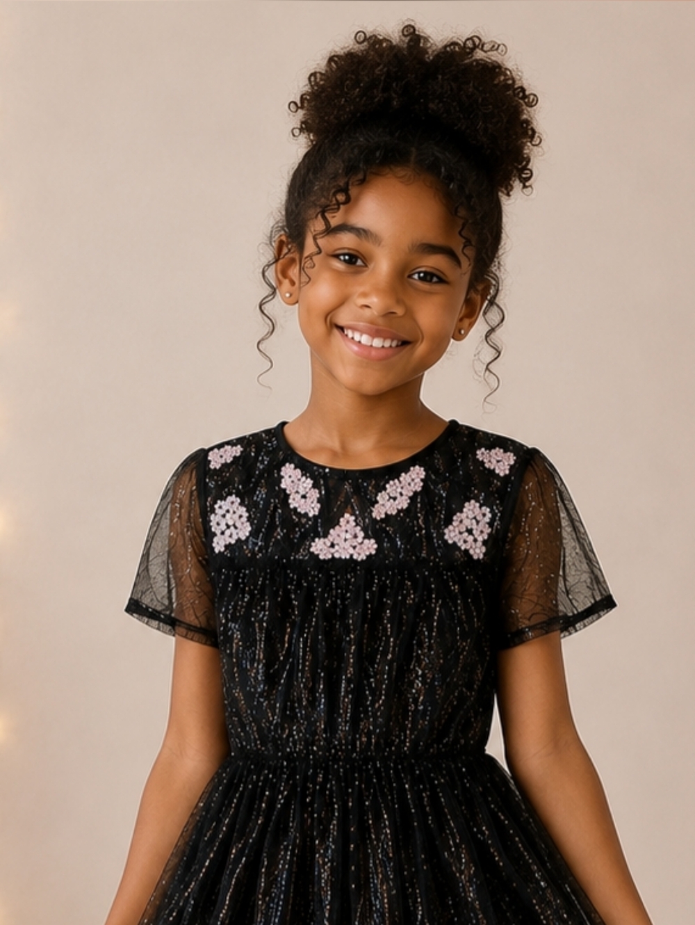 Forever 21 Girls Black Metallic Sparkle Tulle Dress w/Floral Appliqué Size 11/12